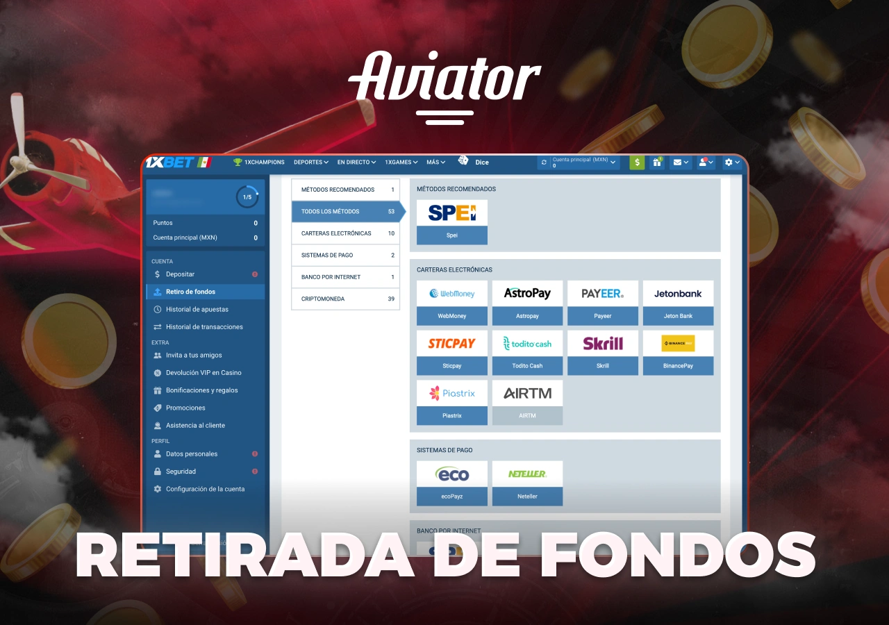 Métodos de retiro disponibles en 1xBet